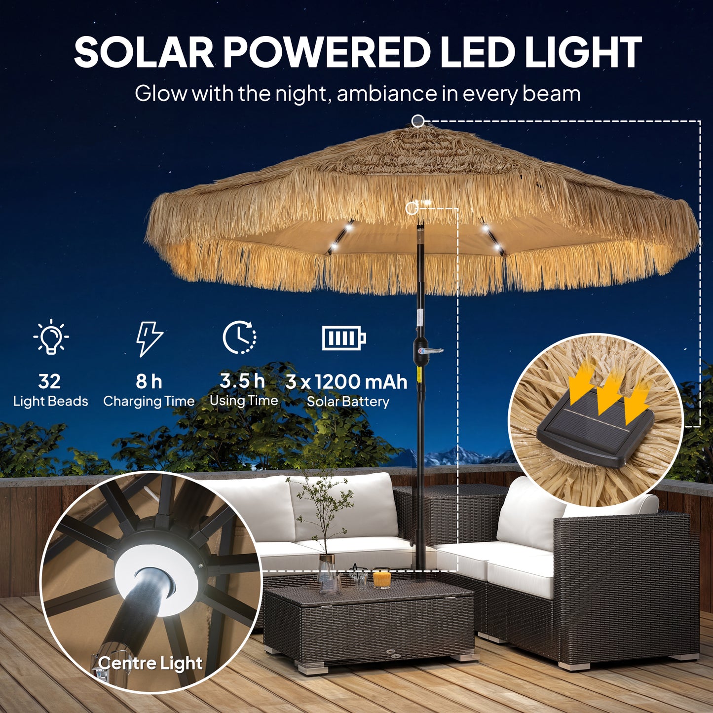 Tiki Patio Umbrella 9ft - Thatched with Solar LED Lights