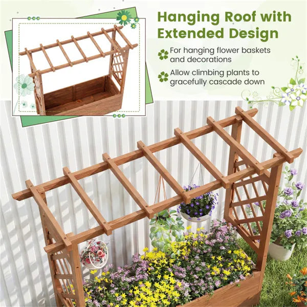 Natural Pine Wood Raised Garden Bed - Solid Wood with Trellis