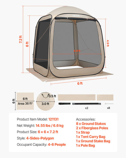4-6 Person Pop-Up Screen House Tent - Portable Outdoor Canopy