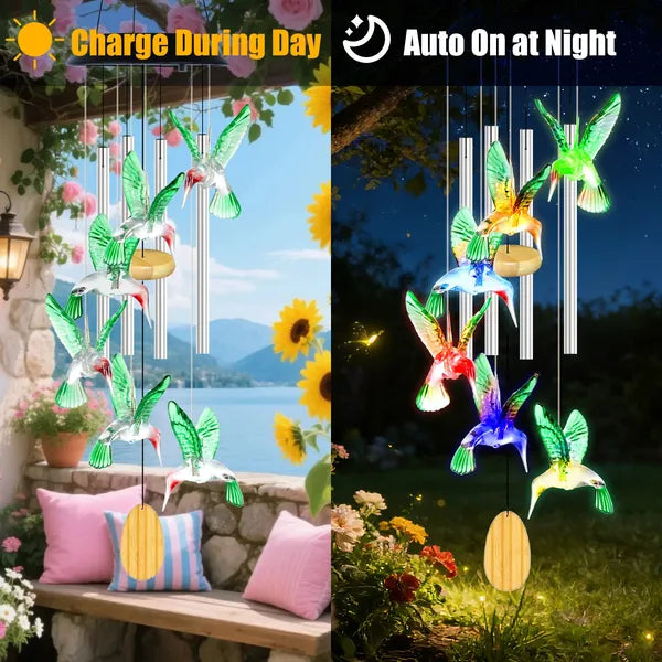 Solar Hummingbird Wind Chime - Color-Changing LED, Aluminum Tubes