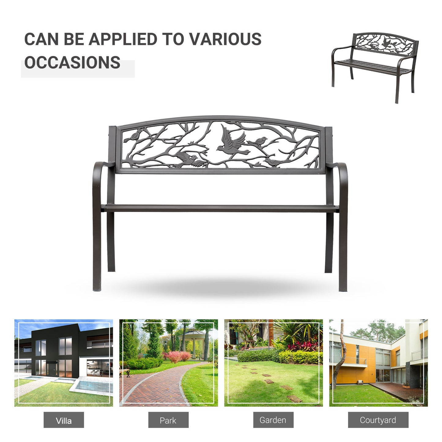 Cast Iron Garden Bench 50in - Vintage Bird Pattern, Brown Finish