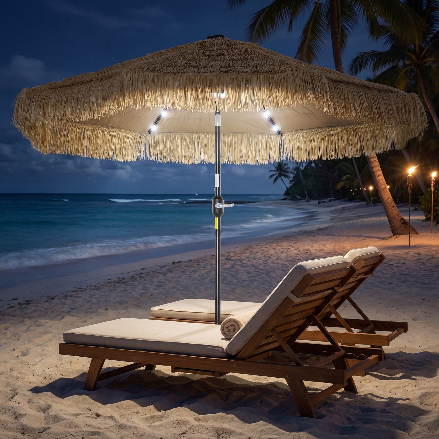 Tiki Patio Umbrella 9ft - Thatched with Solar LED Lights