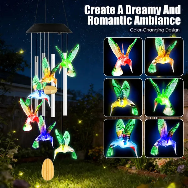 Solar Hummingbird Wind Chime - Color-Changing LED, Aluminum Tubes