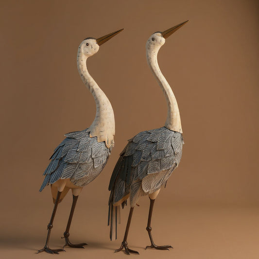 Crane Garden Statues 2-Piece Set - Steel Yard Art, Rust-Resistant