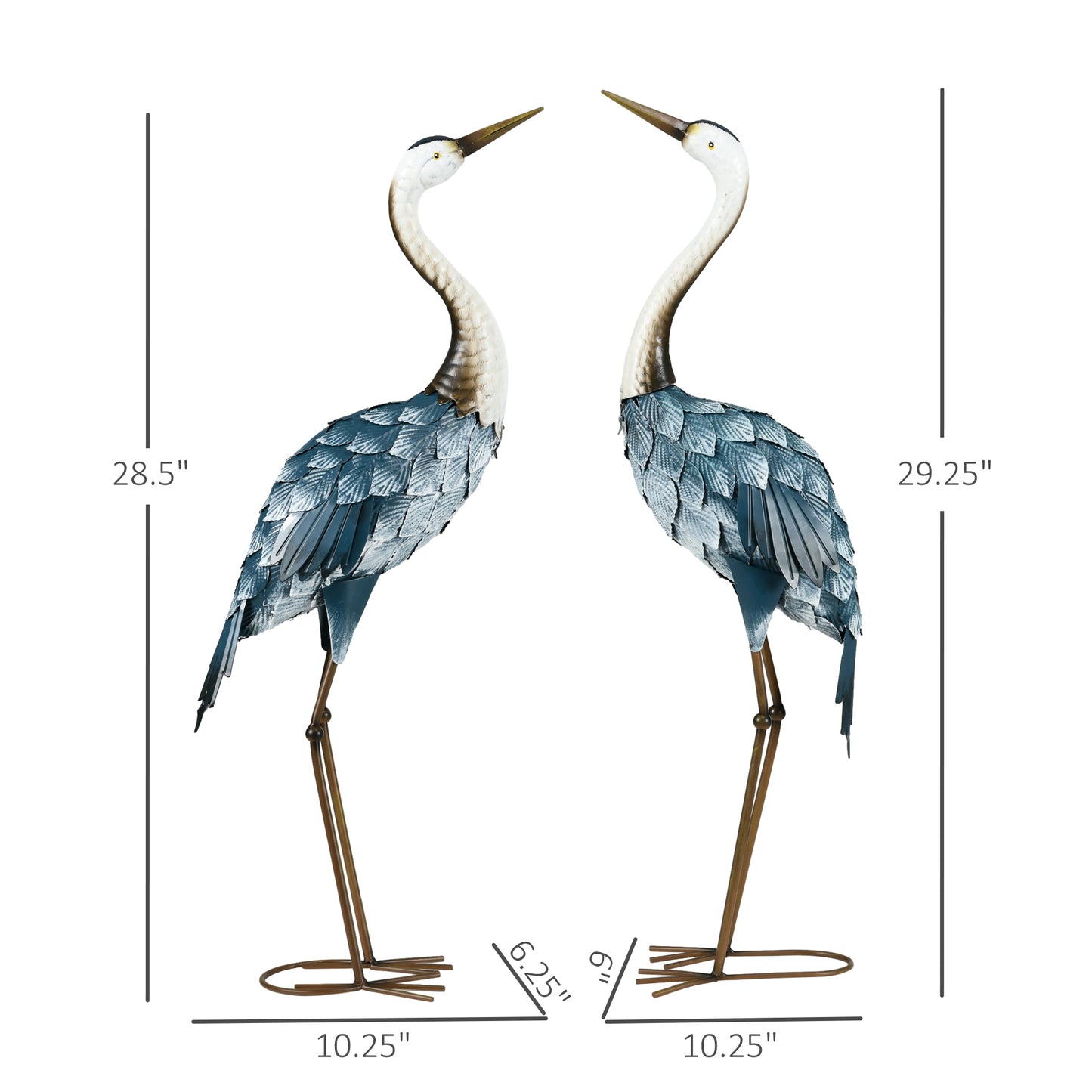 Crane Garden Statue Pair - 28.5in & 29in Metal Bird Sculptures