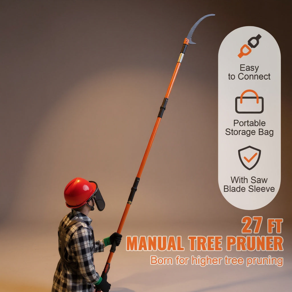 Manual Pole Saw - 7-27ft Extendable Tree Pruner, Sharp Steel Blade