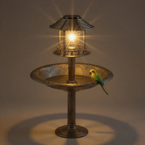 Solar Bird Bath with Light - Bronze Plastic Round Garden Decor