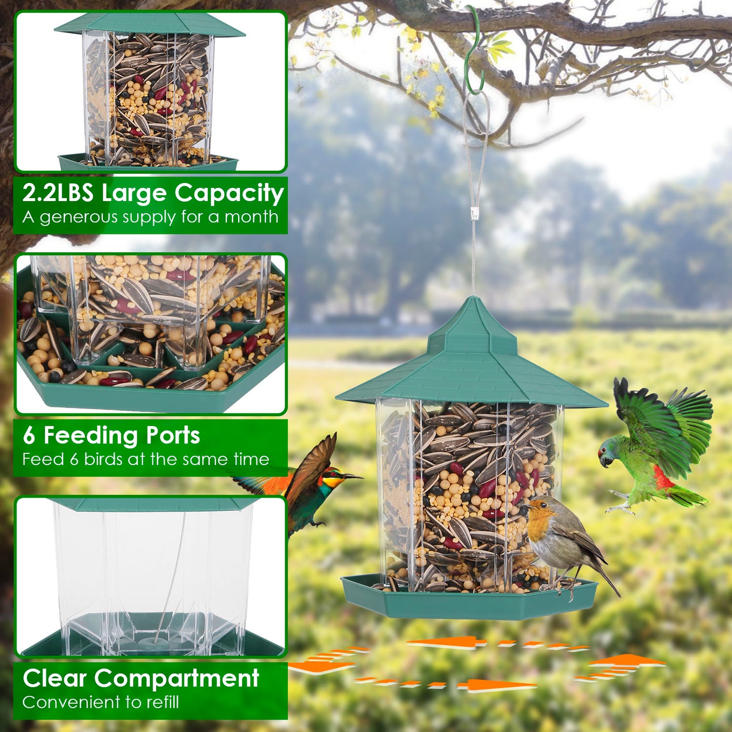 Gazebo Wild Bird Feeder - Large-Capacity 6-Port Hanging Station