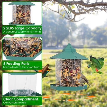 Gazebo Wild Bird Feeder - Large-Capacity 6-Port Hanging Station