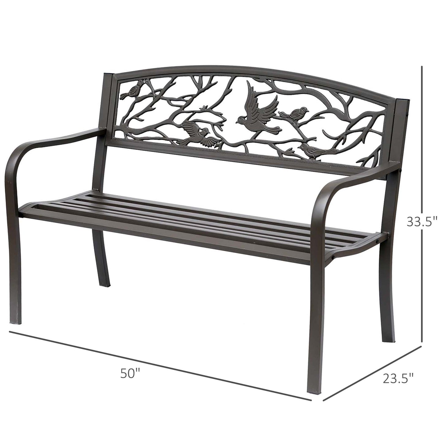 Cast Iron Garden Bench 50in - Vintage Bird Pattern, Brown Finish