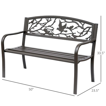Cast Iron Garden Bench 50in - Vintage Bird Pattern, Brown Finish