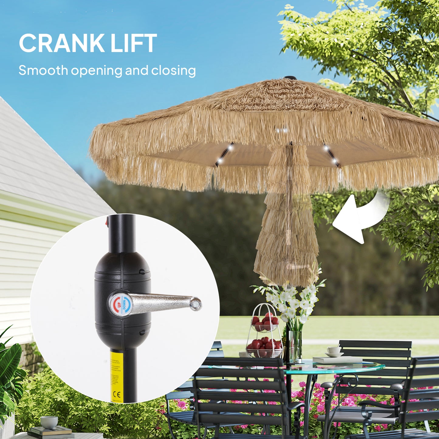 Tiki Patio Umbrella 9ft - Thatched with Solar LED Lights