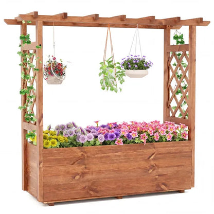 Natural Pine Wood Raised Garden Bed - Solid Wood with Trellis