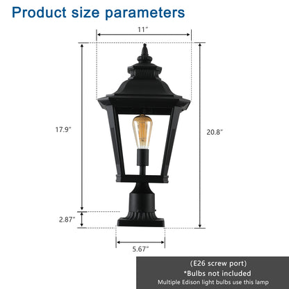 Outdoor Post Lantern 21in - Vintage Black Metal Pillar Light