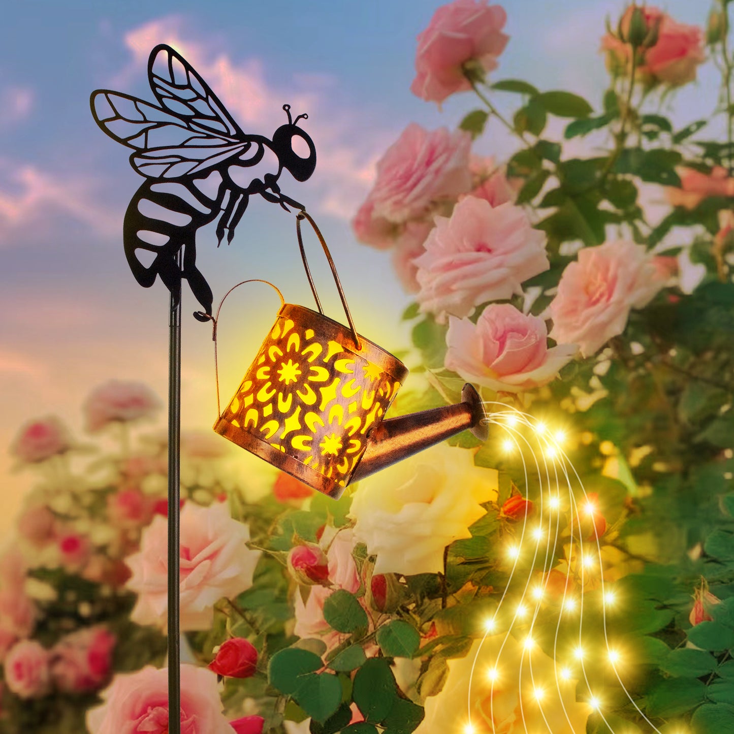 Solar Flower Watering Can Lights - Metal Garden Ornamental
