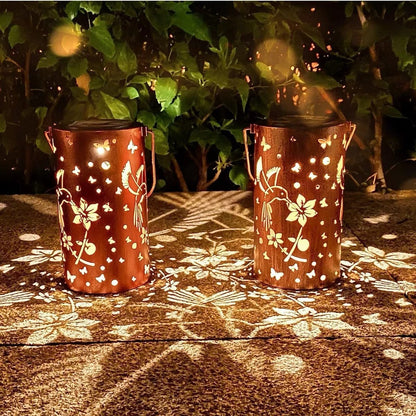 Solar Iron Hollow Lantern - Hanging Outdoor Courtyard Lamp
