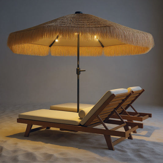 Tiki Patio Umbrella 9ft - Thatched with Solar LED Lights