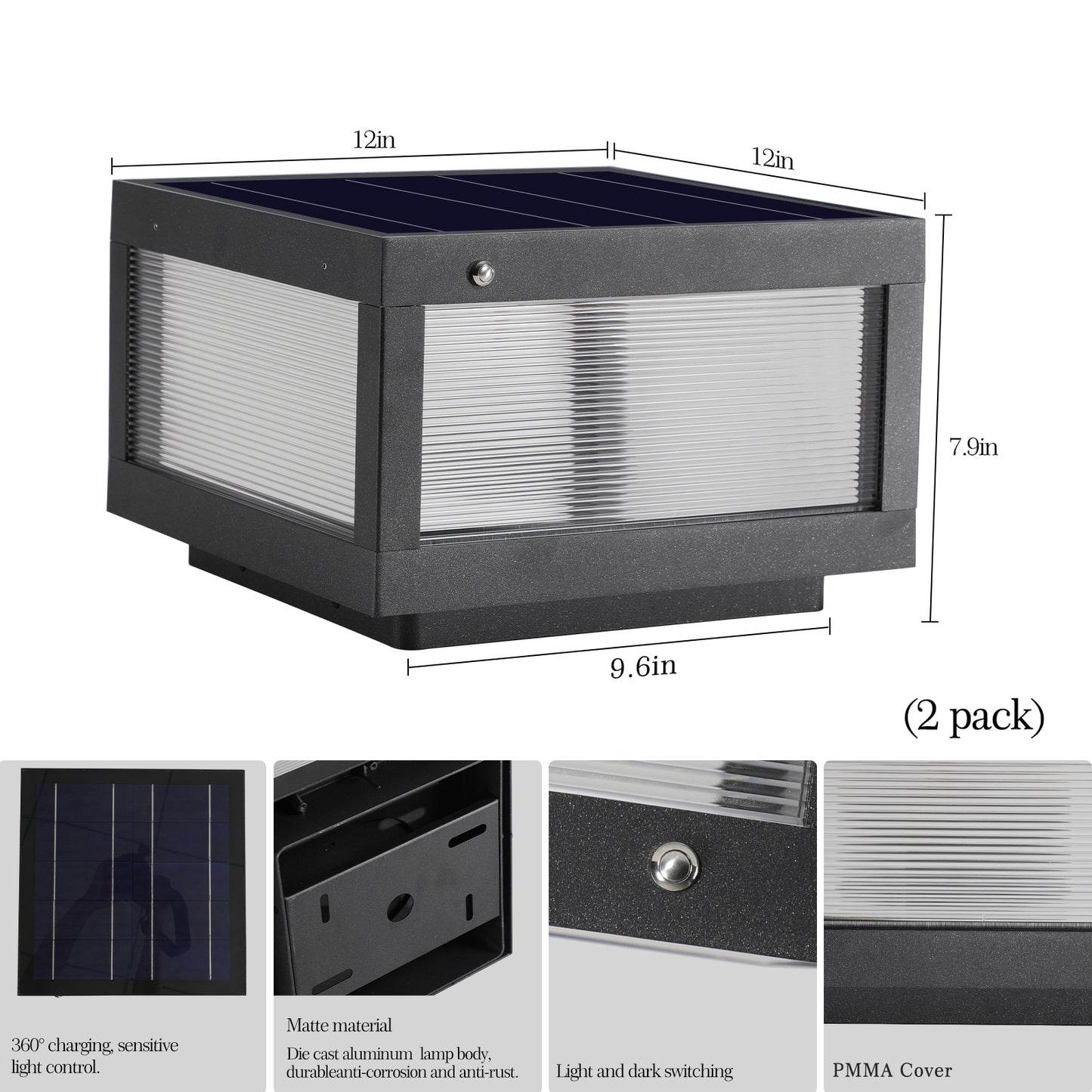 Solar LED Post Cap Light - Black, Outdoor Fence & Deck Lighting