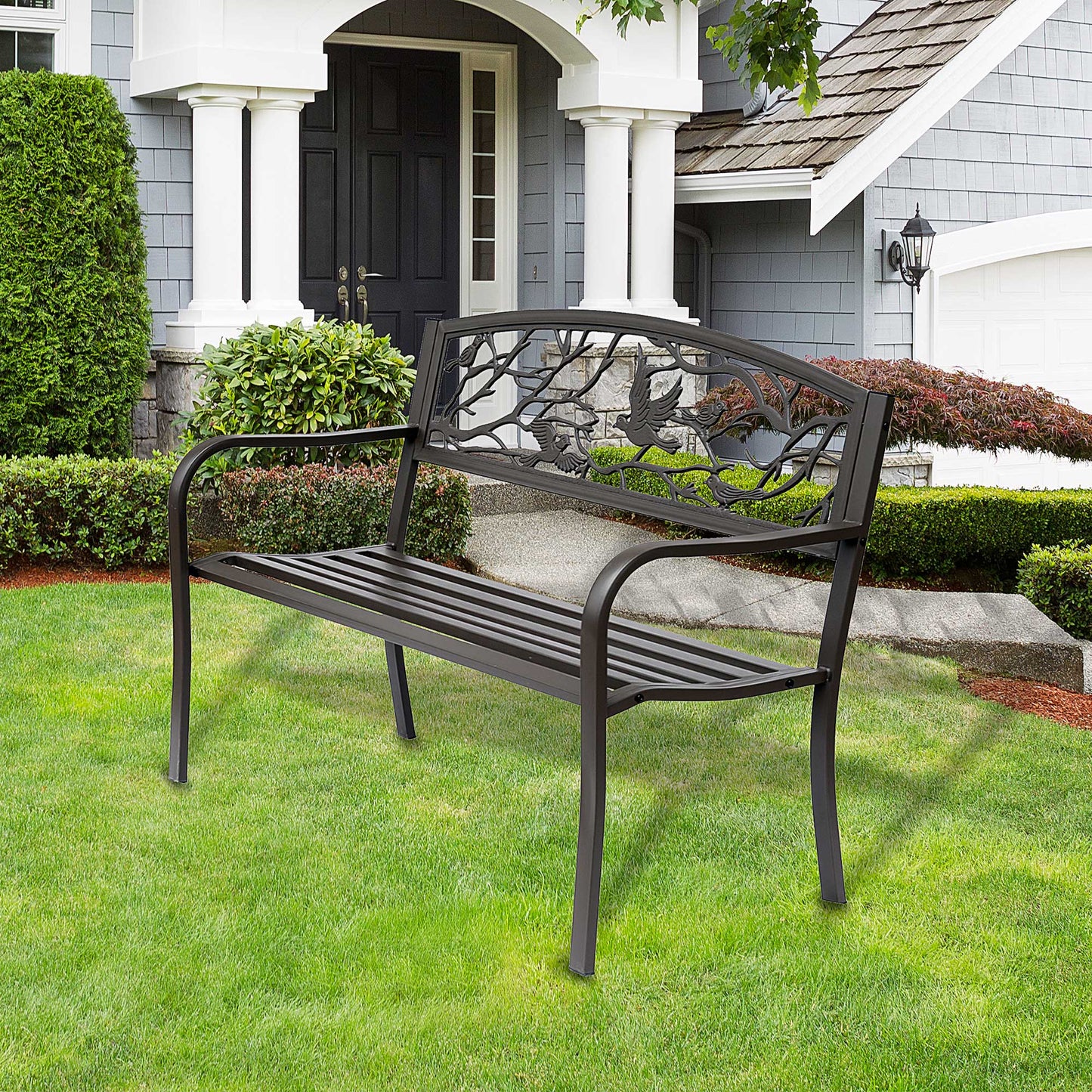 Cast Iron Garden Bench 50in - Vintage Bird Pattern, Brown Finish
