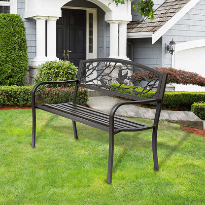 Cast Iron Garden Bench 50in - Vintage Bird Pattern, Brown Finish