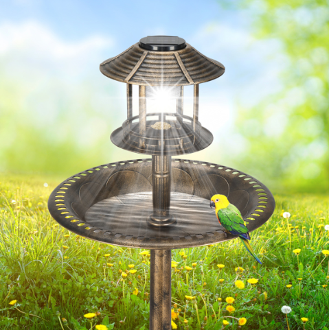 Solar Bird Bath with Light - Bronze Plastic Round Garden Decor
