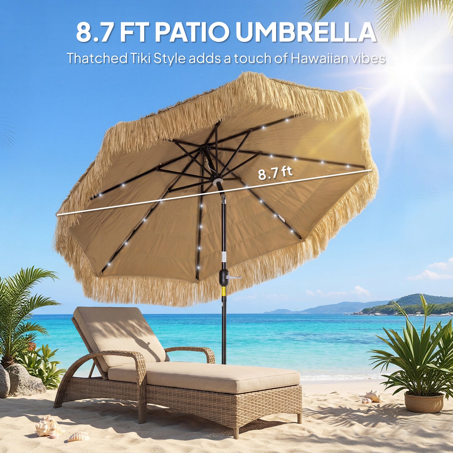 Tiki Patio Umbrella 9ft - Thatched with Solar LED Lights