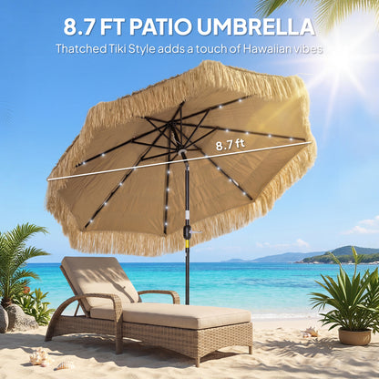Tiki Patio Umbrella 9ft - Thatched with Solar LED Lights