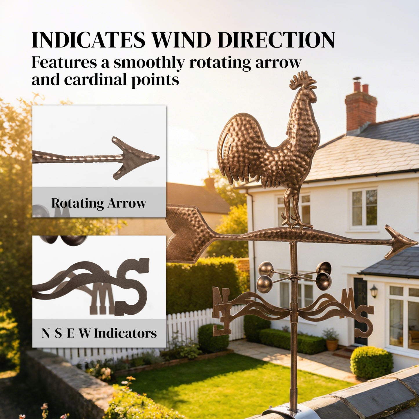 Metal Rooster Weathervane - Roof-Mount Wind Direction Indicator