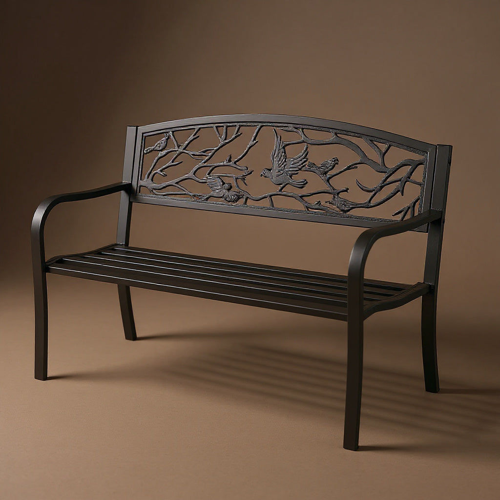 Cast Iron Garden Bench 50in - Vintage Bird Pattern, Brown Finish