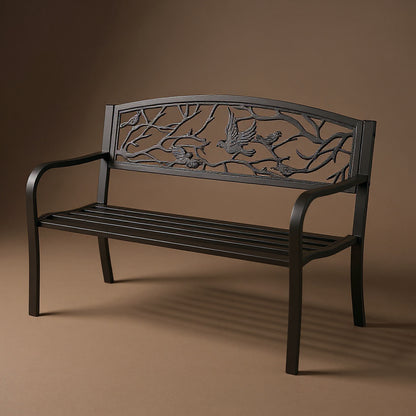 Cast Iron Garden Bench 50in - Vintage Bird Pattern, Brown Finish