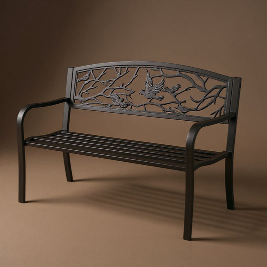 Cast Iron Garden Bench 50in - Vintage Bird Pattern, Brown Finish