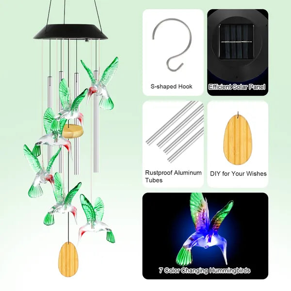 Solar Hummingbird Wind Chime - Color-Changing LED, Aluminum Tubes