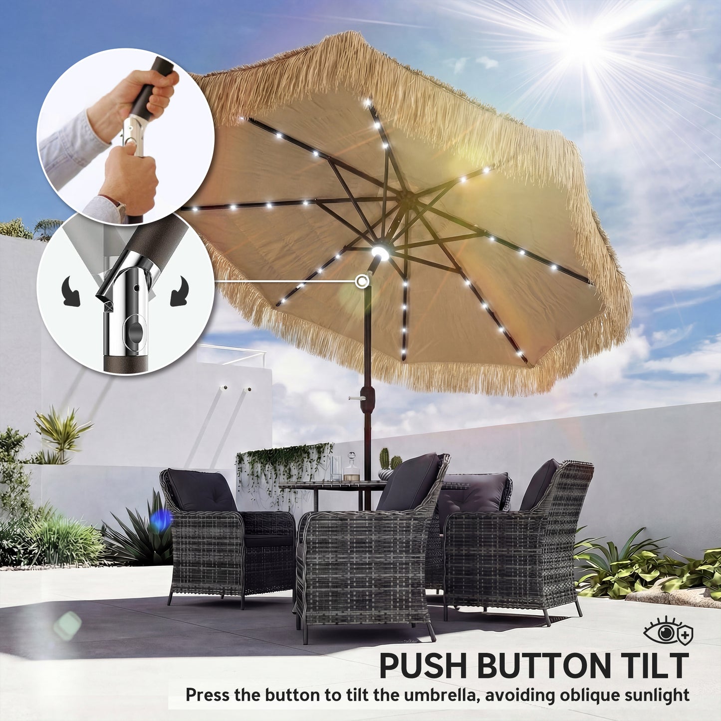 Tiki Patio Umbrella 9ft - Thatched with Solar LED Lights