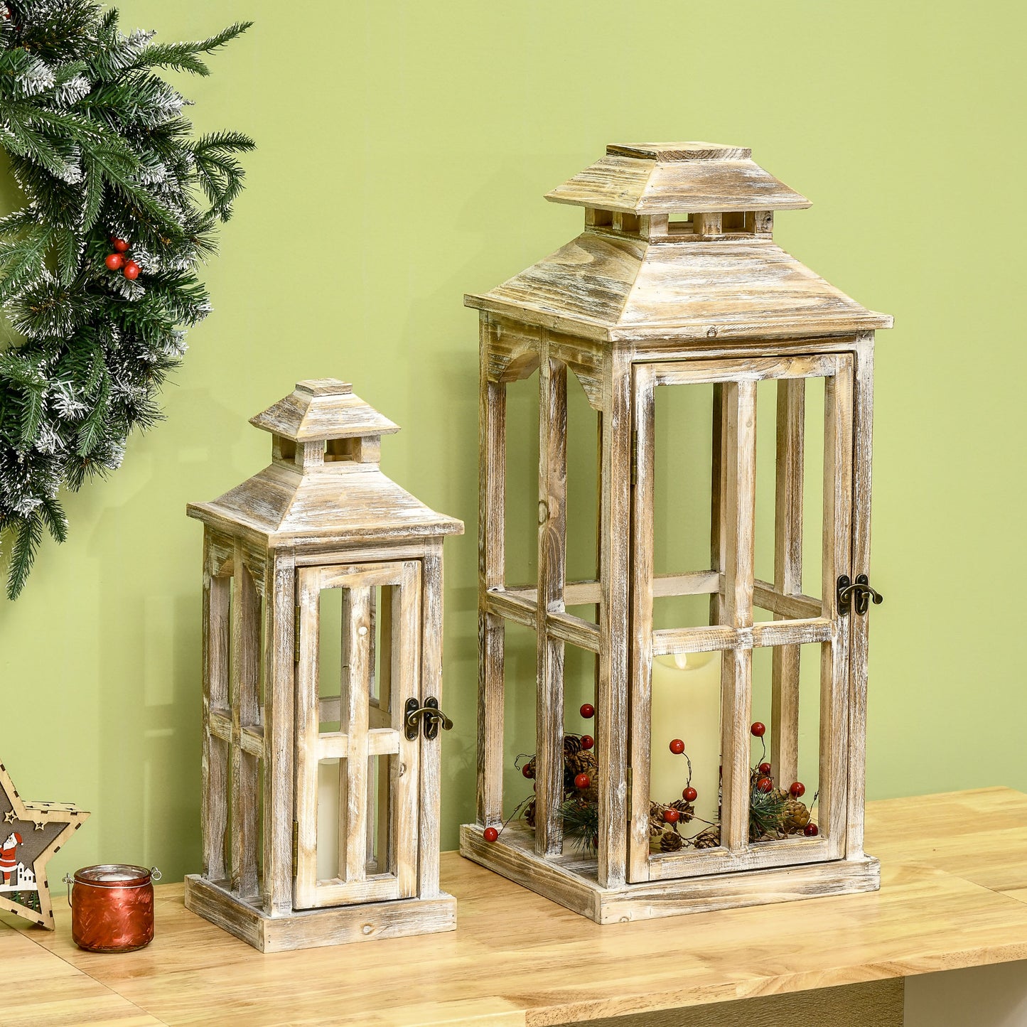 Rustic Wooden Lantern - Large Decorative Indoor/Outdoor Candle Holder