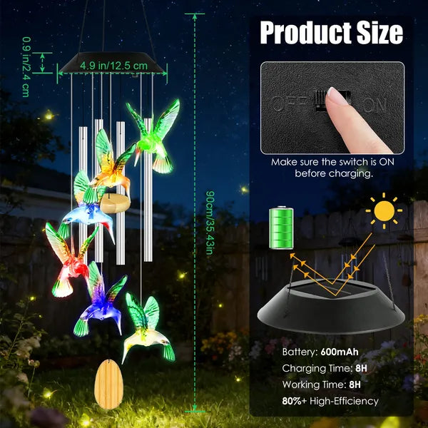 Solar Hummingbird Wind Chime - Color-Changing LED, Aluminum Tubes